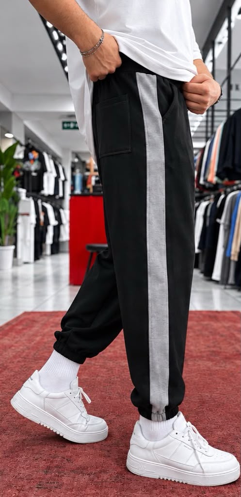 Pantalon homme – Noir & bande grise