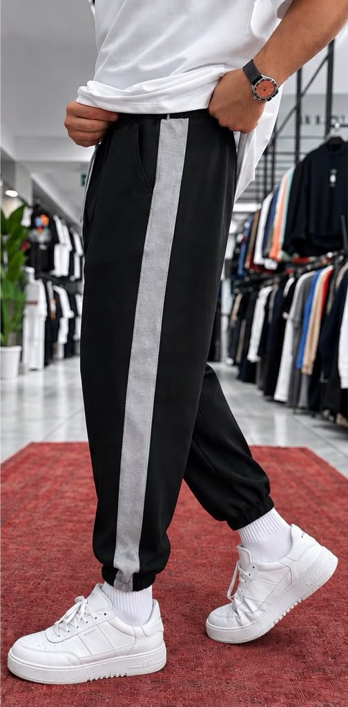 Pantalon homme – Noir & bande grise