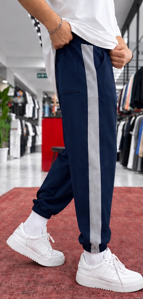 Pantalon homme – bleu marine & bande grise