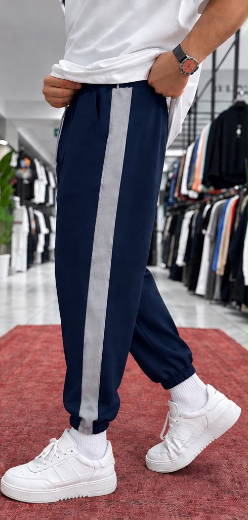 Pantalon homme – bleu marine & bande grise