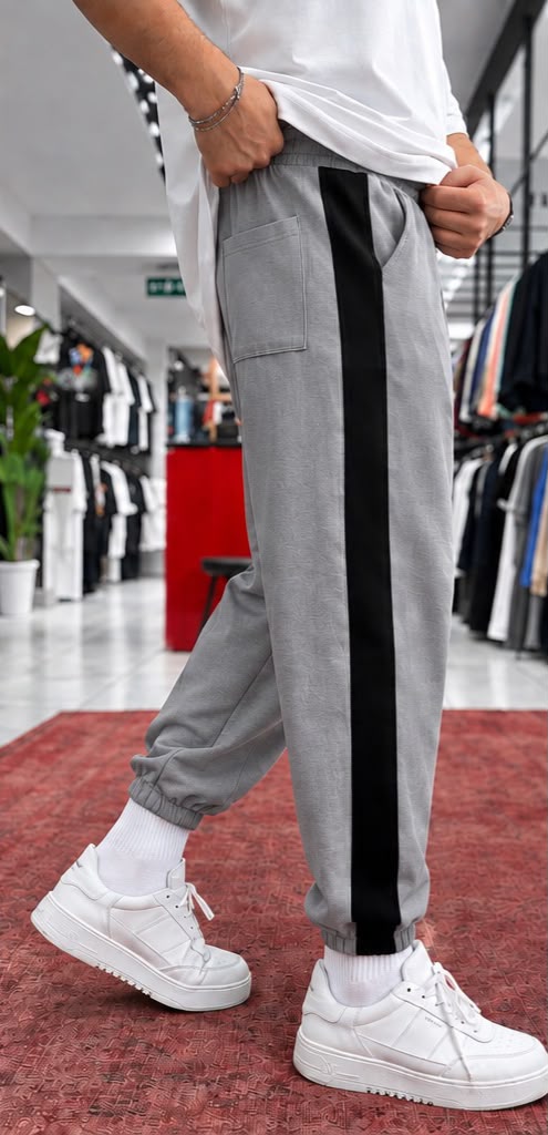Pantalon homme – Gris & bande noir